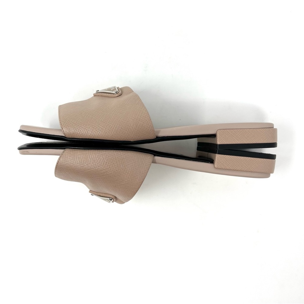 Prada Beige Nude Tan Saffiano Leather Triangle Logo Flat Slides Sandals 37 7 - Picture 5 of 10